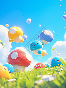 草坪上飞着一群彩色卡通蘑菇背景图片