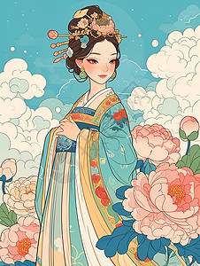 古风装扮的卡通女人站在牡丹园中国潮风背景图片