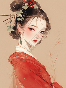 穿红色古风服装优雅的卡通女人背景图片