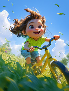 春天草丛中开心骑自行车的卡通小女孩背景图片