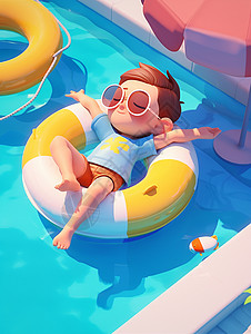 带墨镜男孩悠闲的躺在游泳圈上的晒台太阳的卡通小男孩插画