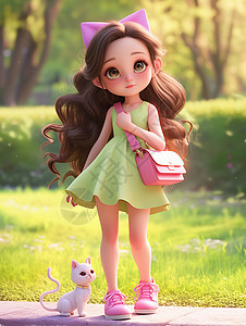 绿色连衣裙背着小粉包的可爱卡通小女孩背景图片