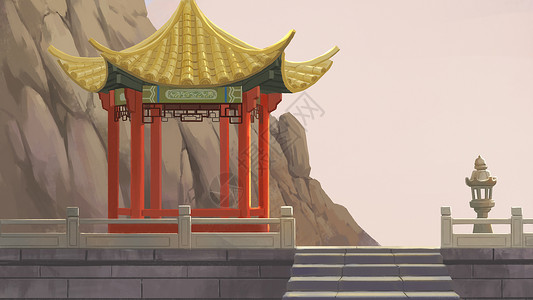 石板台阶中国式复古亭子插画
