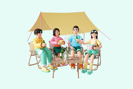 聚会人物素材3d露营喝茶人物插画