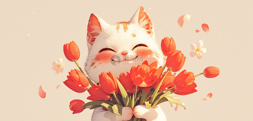 拿着红色郁金香花朵的可爱卡通小花猫图片