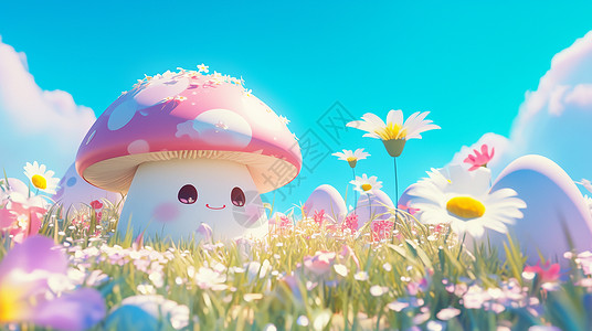 开满鲜花的草丛中一个卡通蘑菇高清图片