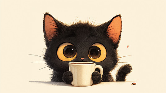 咖啡黑色黑色可爱的卡通小猫在喝茶插画