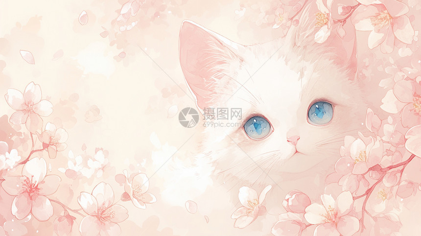 春天在粉色花丛中梦幻的卡通白猫图片