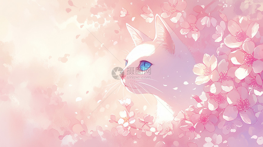 在粉色桃花源中可爱的卡通大白猫图片