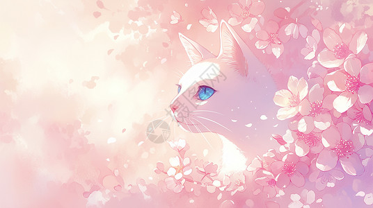 在粉色桃花源中可爱的卡通大白猫背景图片
