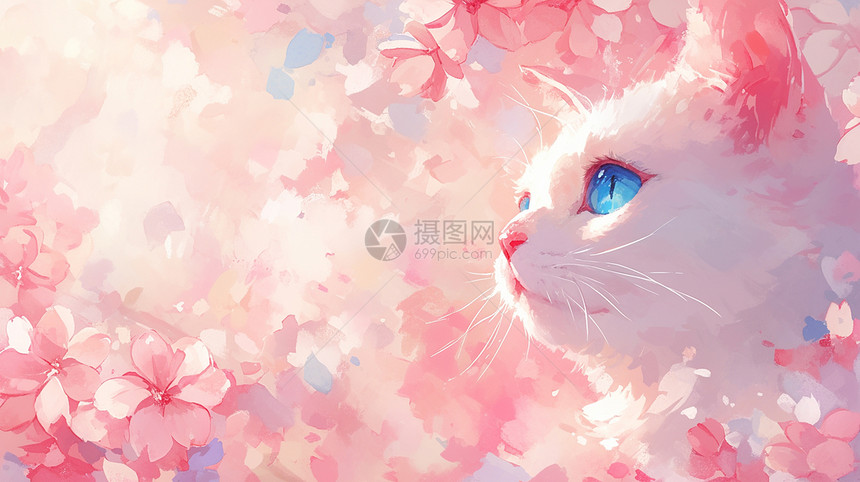 桃花源中可爱的卡通大白猫图片