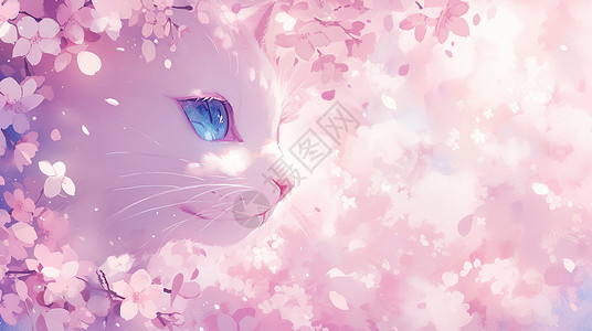 在粉色桃花源中可爱的卡通大猫背景图片