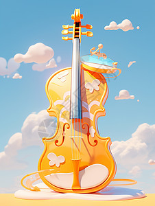 云朵间的卡通小提琴背景图片