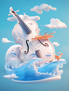 云朵间唯美梦幻的卡通提琴背景图片