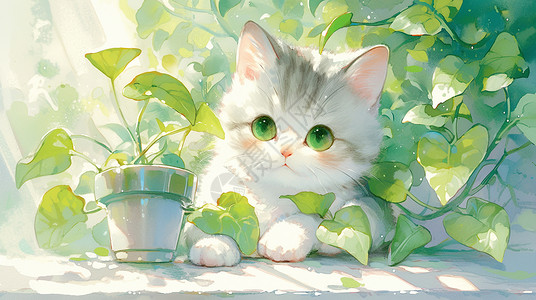 绿萝花茶趴在绿萝叶子上可爱的小猫插画