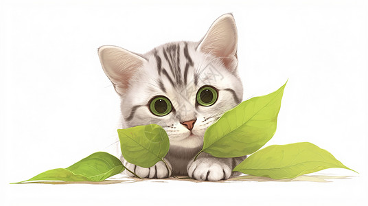 在大大的叶子旁一只可爱卡通虎斑猫背景图片