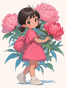 粉色连衣裙穿着粉色裙子可爱的卡通小女孩扛着巨大的花朵插画
