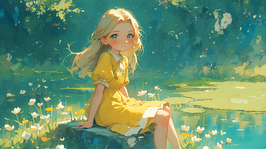 穿着黄色连衣裙的卡通小女孩坐在花丛中欣赏风景图片