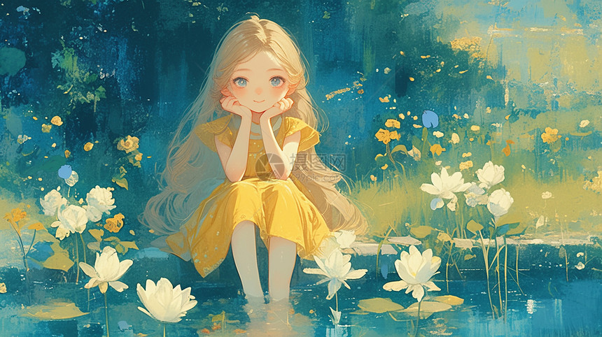穿着连衣裙的卡通小女孩坐在河边花丛中欣赏风景图片