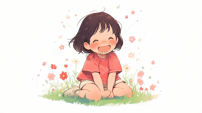 春天坐在花丛中笑的可爱卡通小女孩图片