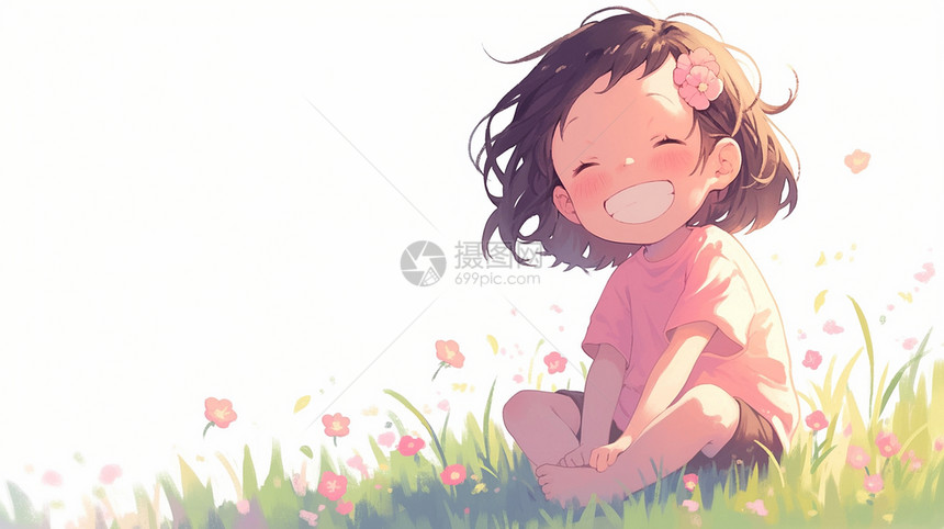 开心笑的卡通女孩坐在花丛中图片