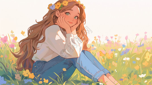 春天坐在花丛中小清新漂亮的卡通小女孩背景图片