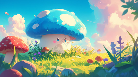 在蘑菇在绿色山坡上一个彩色卡通小蘑菇插画