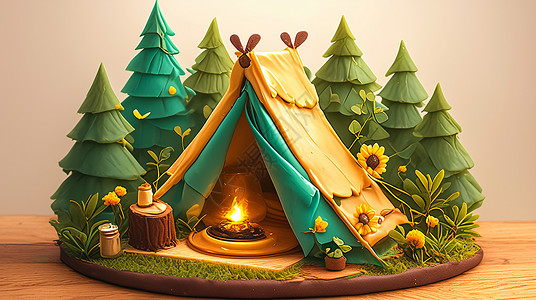 森林中一个卡通露营帐篷燃烧着一堆火把背景图片