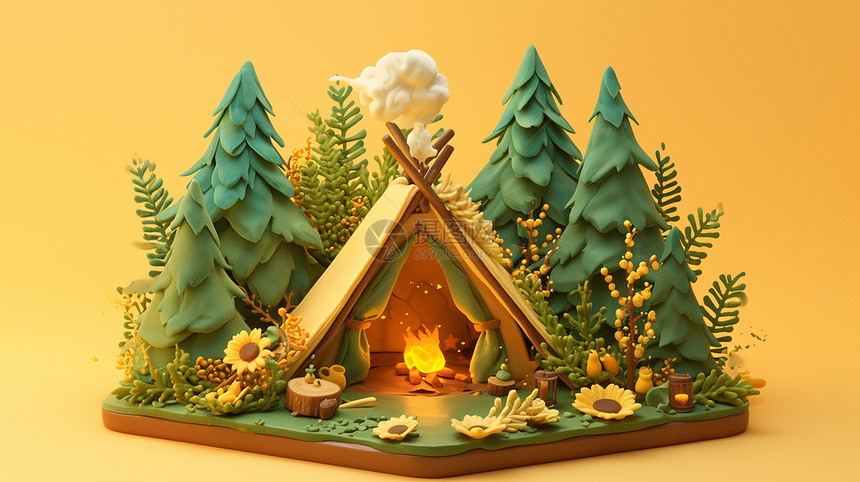 森林中一个卡通露营帐篷燃烧着一堆火把图片