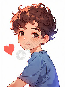 一颗红心身穿蓝色T恤的卡通小男孩旁边飘着一颗小红心插画