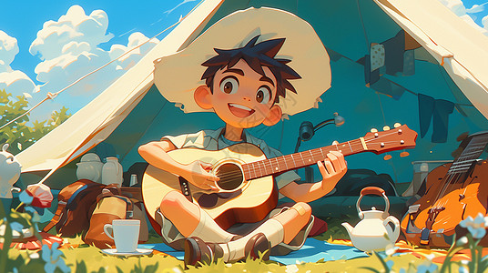 春天坐在露营帐篷外开心弹吉他的男孩插画