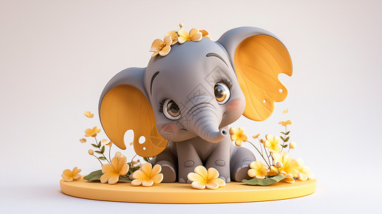 可爱的小象头戴花朵的卡通小象插画