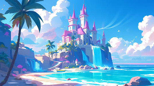 海边一座的卡通城堡背景图片