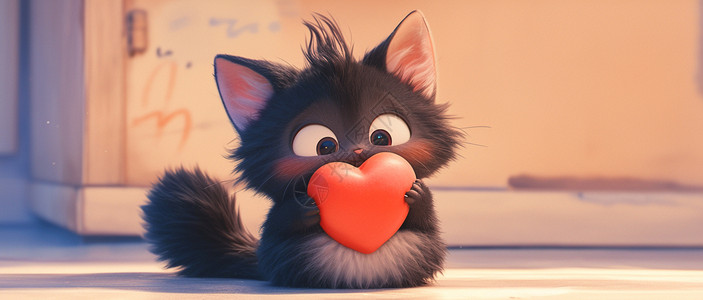 卡通企鹅抱爱心抱着红色爱心可爱的小黑猫插画