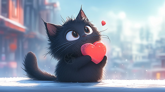 红色爱心背景抱着红色爱心的小黑猫插画