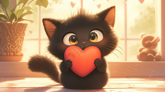 卡通红心手里拿着红色爱心可爱的卡通小黑猫插画
