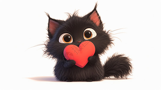 猫抱着鱼抱着红色爱心的黑猫插画