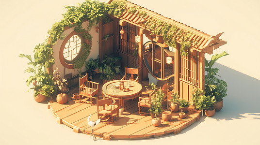 木质卡通休闲小院子凉亭背景图片