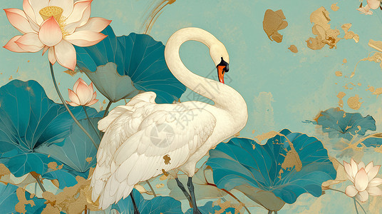 长翅膀的翅膀长脖子的卡通白天鹅在荷塘中插画