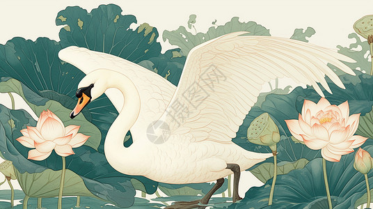 天鹅翅膀美丽的卡通白天鹅在荷塘中插画