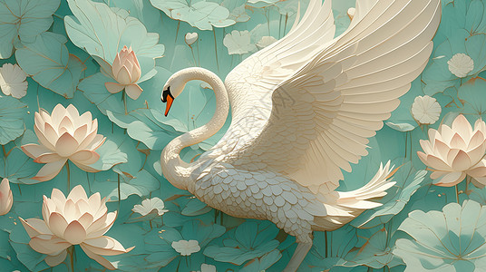 天鹅翅膀长脖子美丽的卡通白天鹅插画