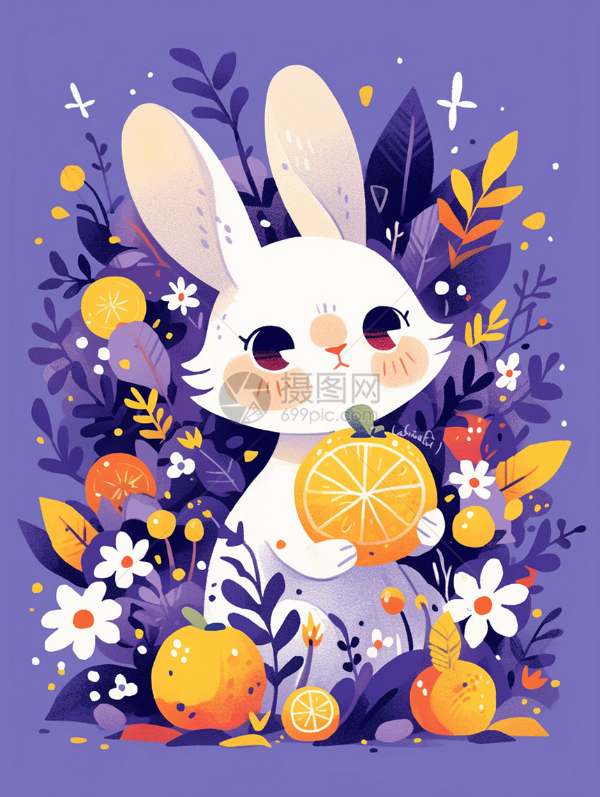 紫色背景在花丛中可爱的卡通小白兔图片