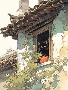在古风窗台上一只可爱黑猫背景图片