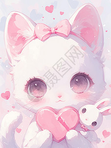 白色爱心捧着粉色爱心的大眼睛可爱小猫插画