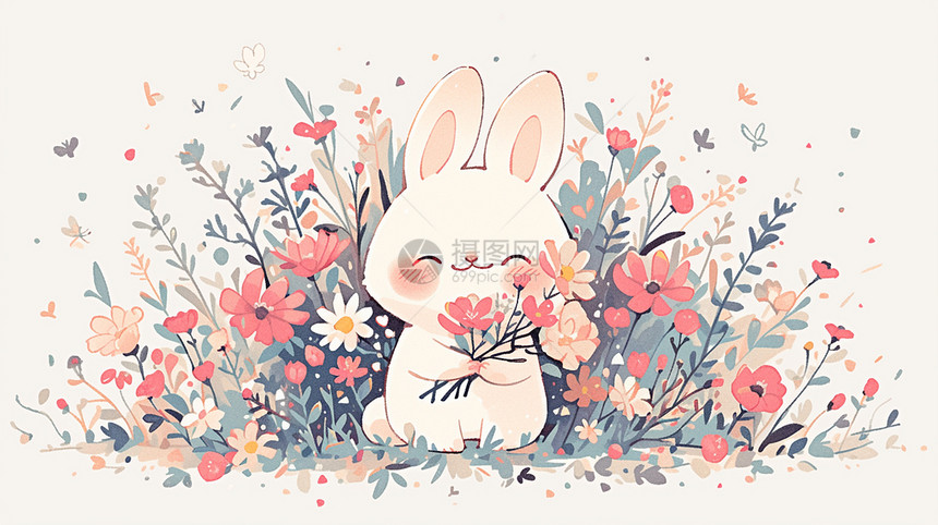 在花丛中的小白兔图片