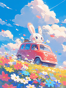 请欣赏在小汽车上欣赏花朵美景的可爱卡通小白兔插画