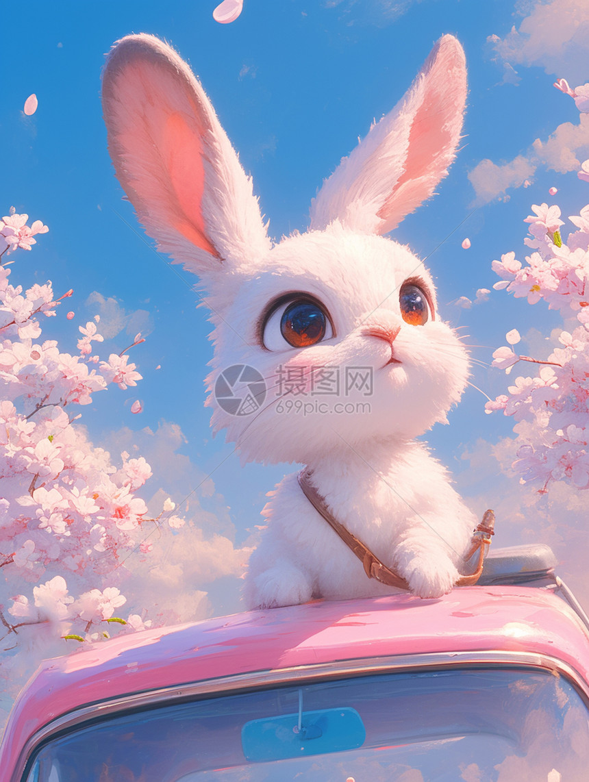 欣赏花朵美景的可爱卡通小白兔图片