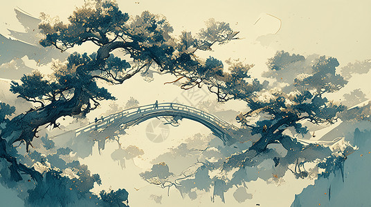 中国风风格的古松树与古桥背景图片