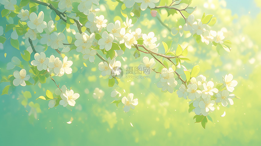 春天开着白色小花美丽的树图片