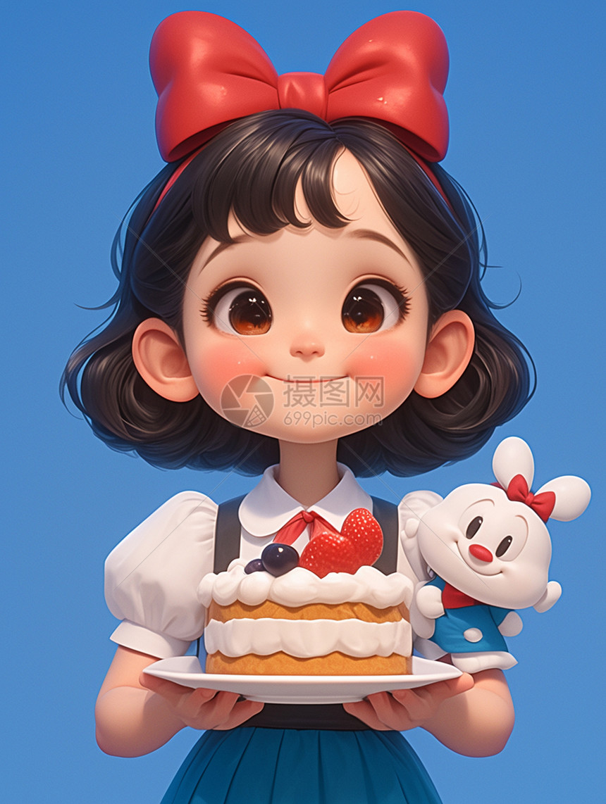 头戴红色蝴蝶结双手端着蛋糕的可爱小女孩图片